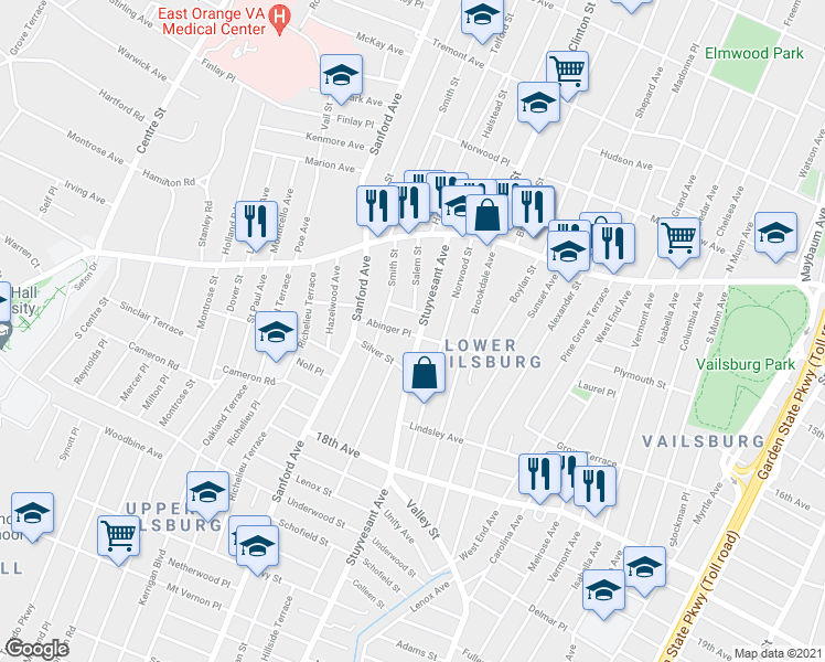 map of restaurants, bars, coffee shops, grocery stores, and more near 101 Stuyvesant Avenue in Newark