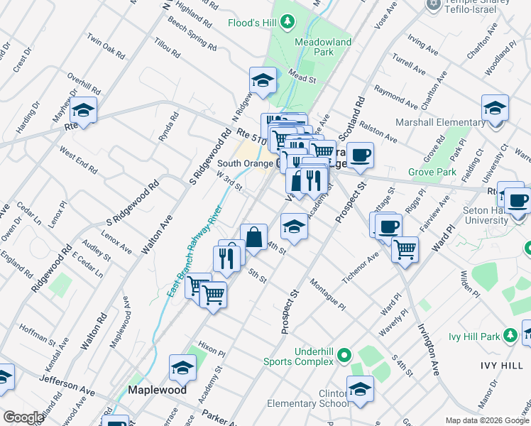 map of restaurants, bars, coffee shops, grocery stores, and more near 15 4th Street in South Orange