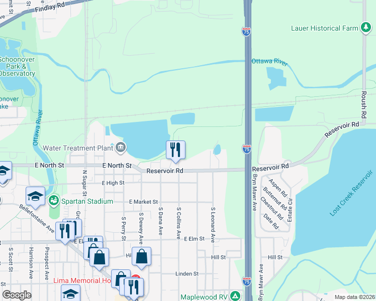 map of restaurants, bars, coffee shops, grocery stores, and more near 300-334 N Collins Ave in Lima