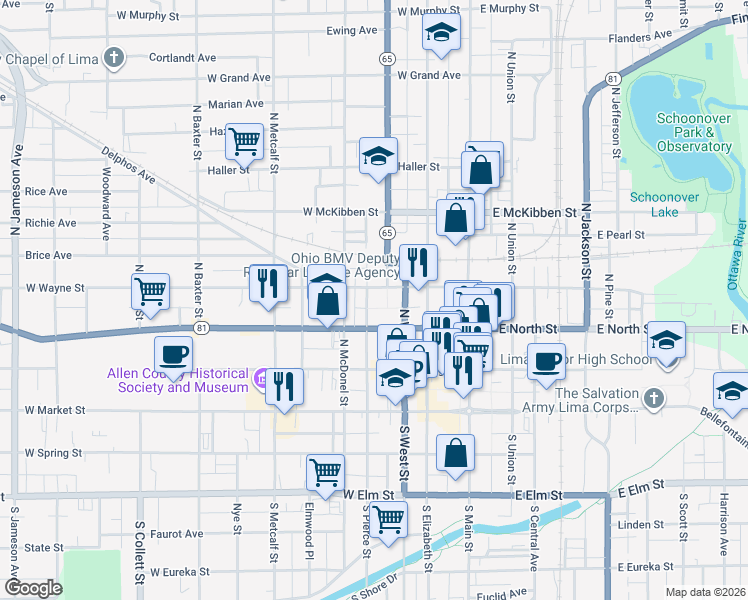 map of restaurants, bars, coffee shops, grocery stores, and more near 400 West North Street in Lima
