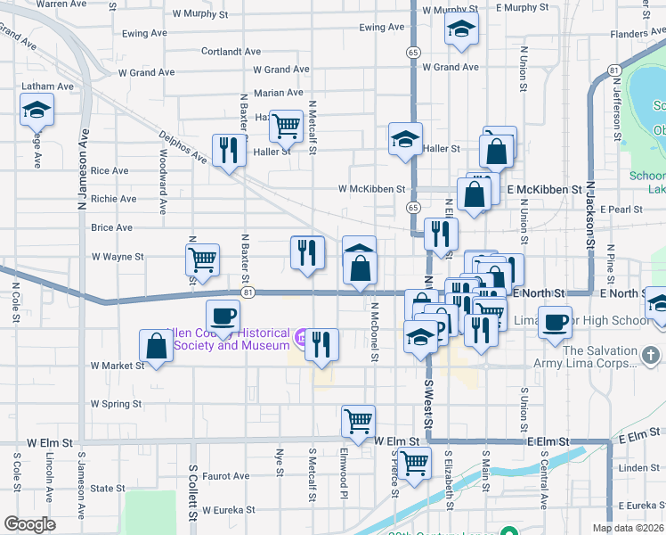 map of restaurants, bars, coffee shops, grocery stores, and more near 606 West North Street in Lima