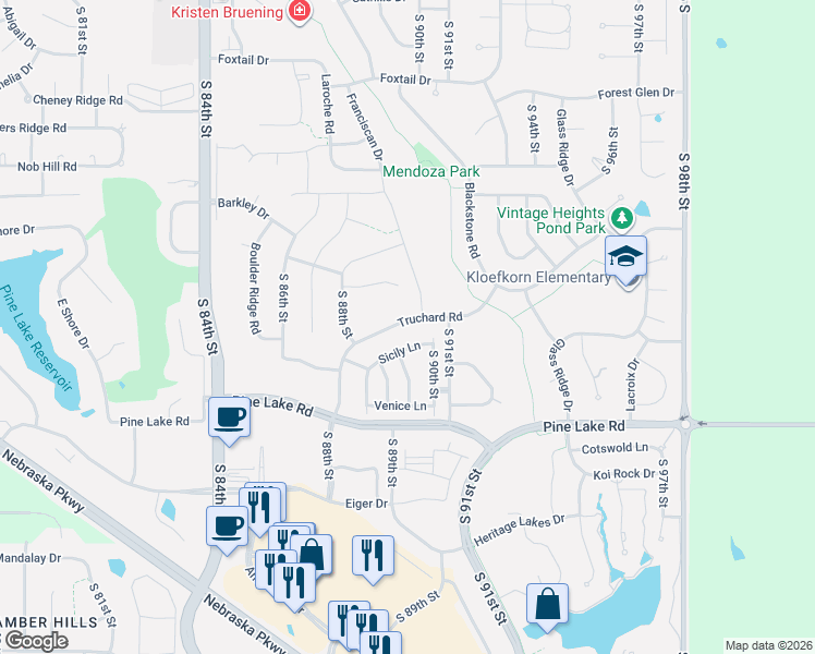 map of restaurants, bars, coffee shops, grocery stores, and more near 8864 Sicily Lane in Lincoln