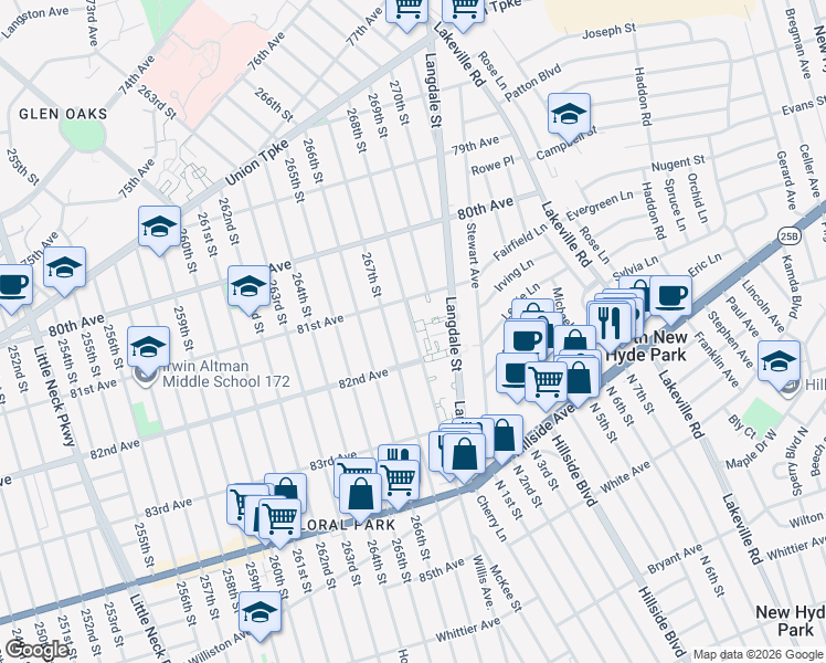 map of restaurants, bars, coffee shops, grocery stores, and more near 81-51 268th Street in Queens
