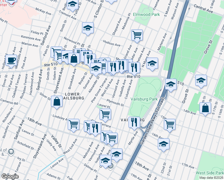 map of restaurants, bars, coffee shops, grocery stores, and more near 10 Howell Place in Newark