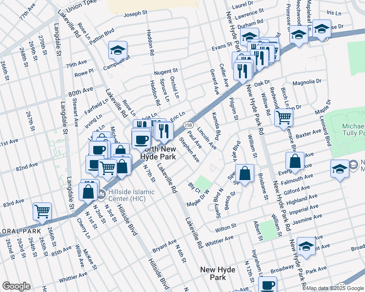 map of restaurants, bars, coffee shops, grocery stores, and more near 51 Stephen Avenue in New Hyde Park