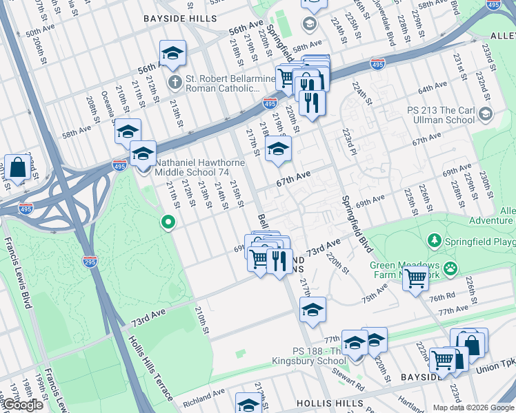 map of restaurants, bars, coffee shops, grocery stores, and more near 67-30 Bell Boulevard in Queens