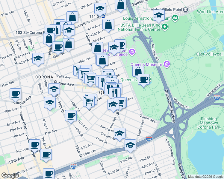 map of restaurants, bars, coffee shops, grocery stores, and more near 10809 53rd Avenue in Queens
