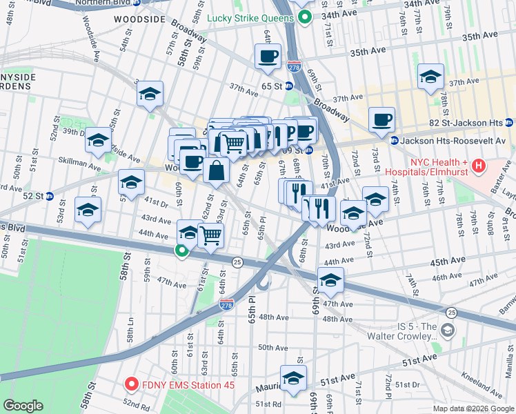 map of restaurants, bars, coffee shops, grocery stores, and more near in Queens