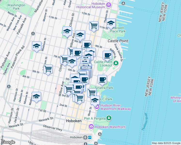 map of restaurants, bars, coffee shops, grocery stores, and more near 600 Hudson Street in Hoboken