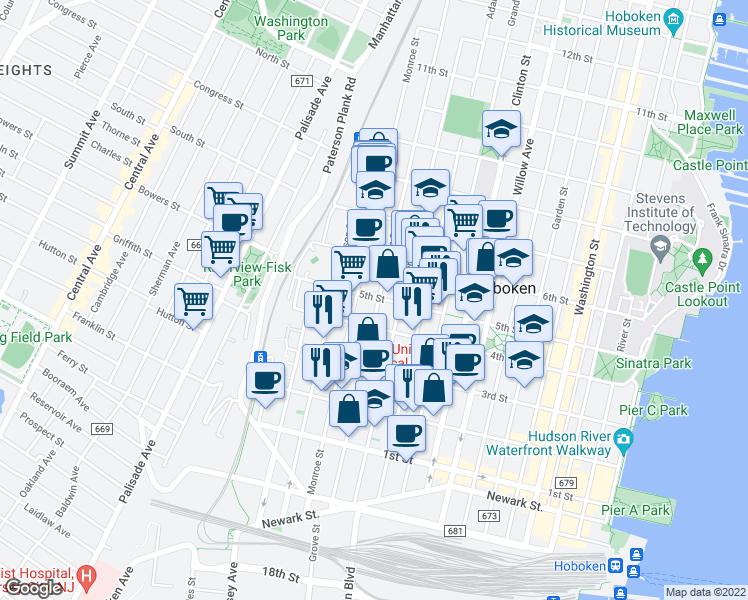 map of restaurants, bars, coffee shops, grocery stores, and more near in Hoboken