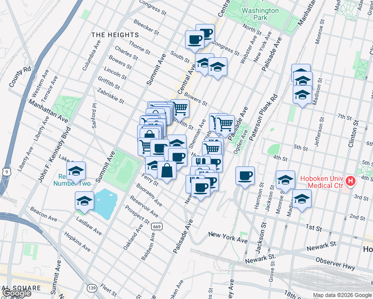 map of restaurants, bars, coffee shops, grocery stores, and more near 70 Sherman Avenue in Jersey City