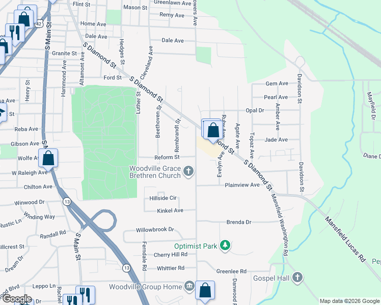 map of restaurants, bars, coffee shops, grocery stores, and more near 534 Woodville Rd in Mansfield