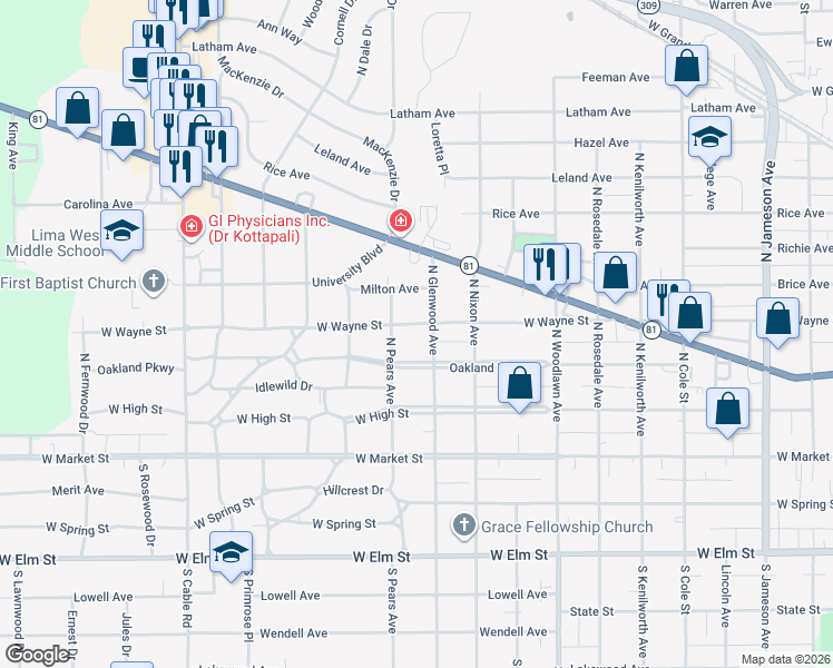 map of restaurants, bars, coffee shops, grocery stores, and more near 1716 Oakland Pkwy in Lima