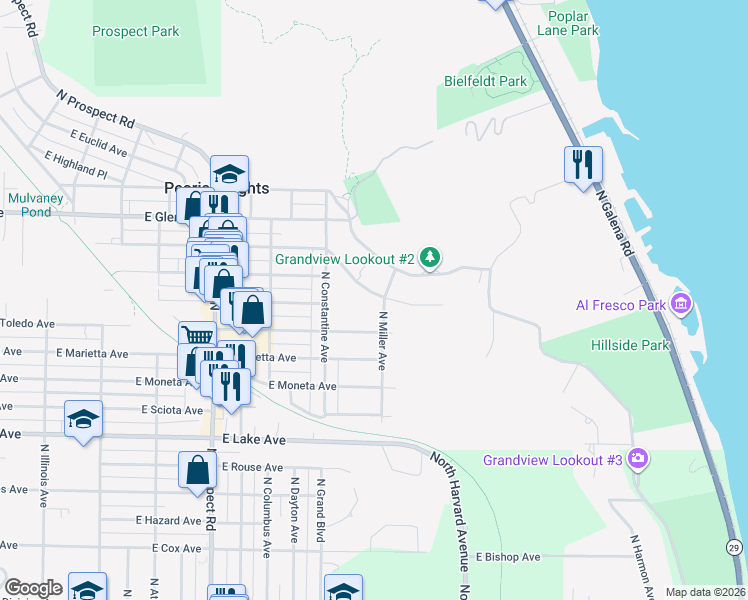 map of restaurants, bars, coffee shops, grocery stores, and more near 1517 East Kelly Avenue in Peoria Heights