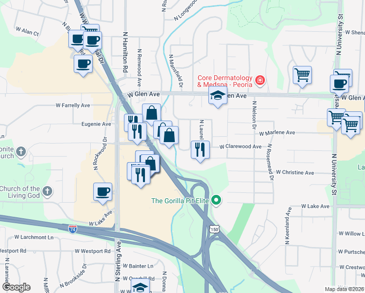 map of restaurants, bars, coffee shops, grocery stores, and more near 4605 North Clarewood Avenue in Peoria
