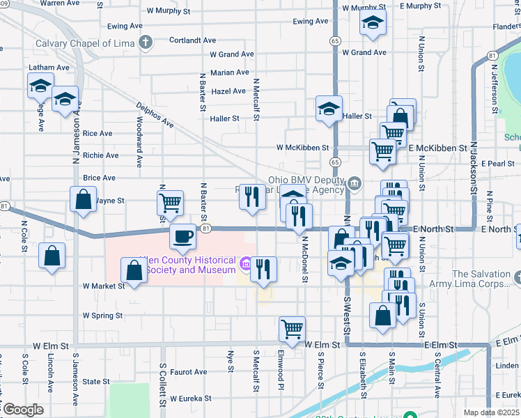 map of restaurants, bars, coffee shops, grocery stores, and more near 328 North Metcalf Street in Lima