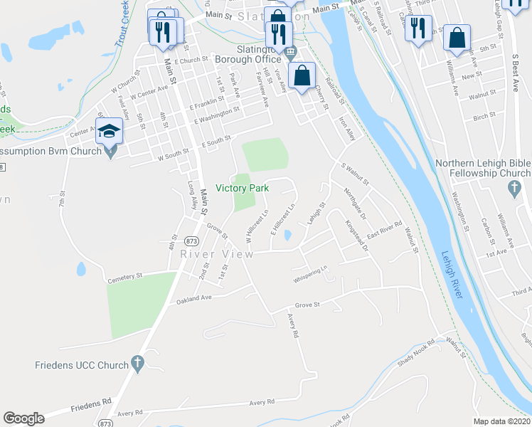 map of restaurants, bars, coffee shops, grocery stores, and more near 7336 West Hillcrest Lane in Slatington