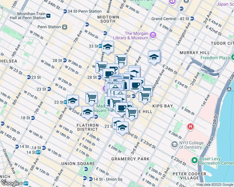 map of restaurants, bars, coffee shops, grocery stores, and more near 51 Madison Avenue in New York