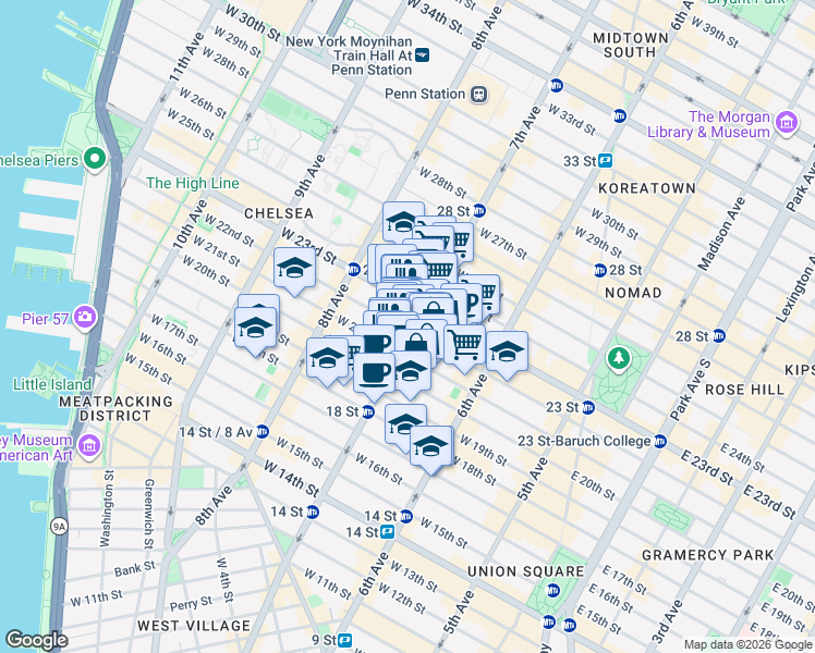 map of restaurants, bars, coffee shops, grocery stores, and more near in New York