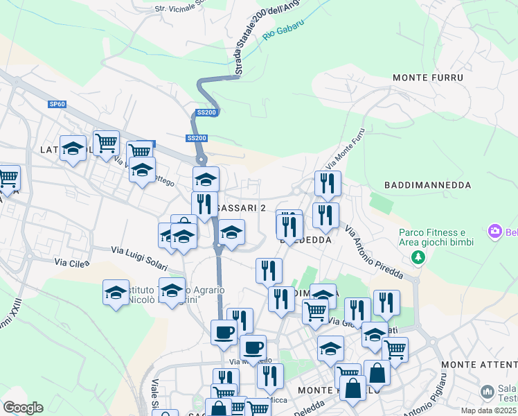 map of restaurants, bars, coffee shops, grocery stores, and more near Via Sandro Pertini in Sassari