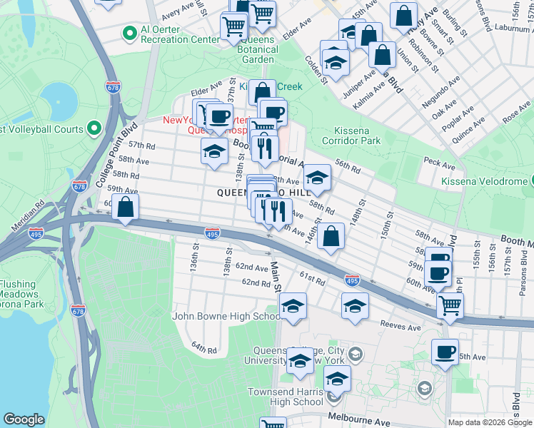 map of restaurants, bars, coffee shops, grocery stores, and more near 59-8 Main Street in Queens