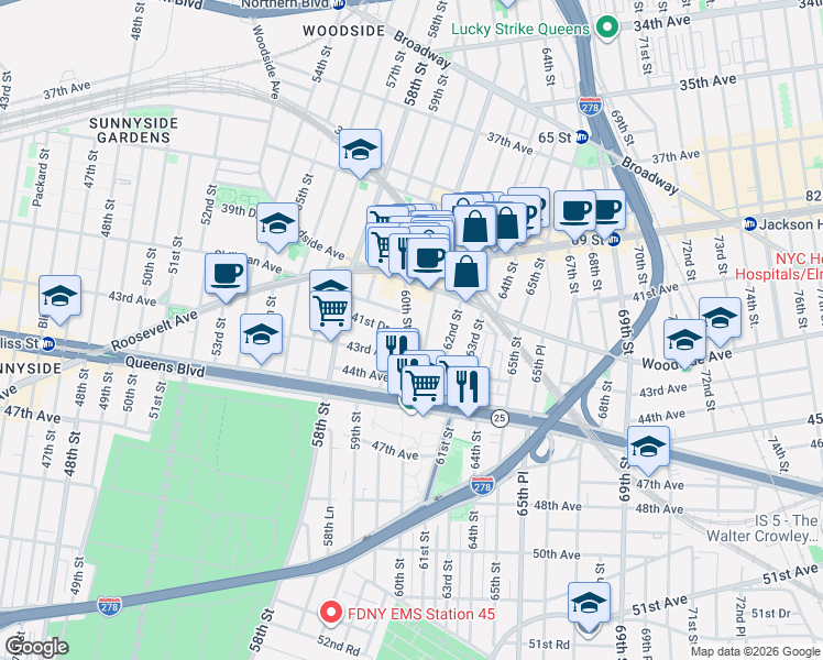map of restaurants, bars, coffee shops, grocery stores, and more near in Queens