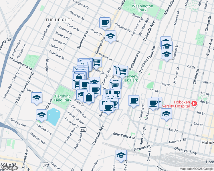 map of restaurants, bars, coffee shops, grocery stores, and more near 70 Sherman Avenue in Jersey City