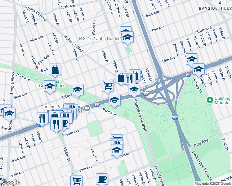 map of restaurants, bars, coffee shops, grocery stores, and more near in Queens