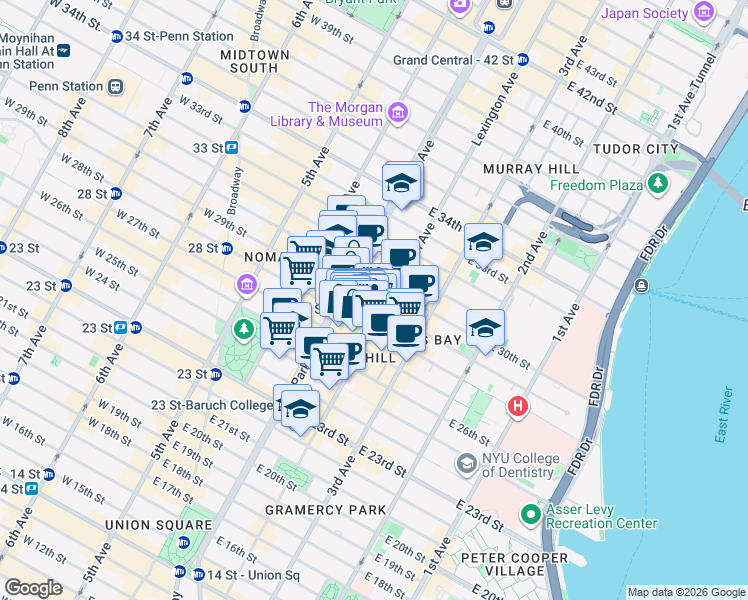 map of restaurants, bars, coffee shops, grocery stores, and more near 119 East 29th Street in New York