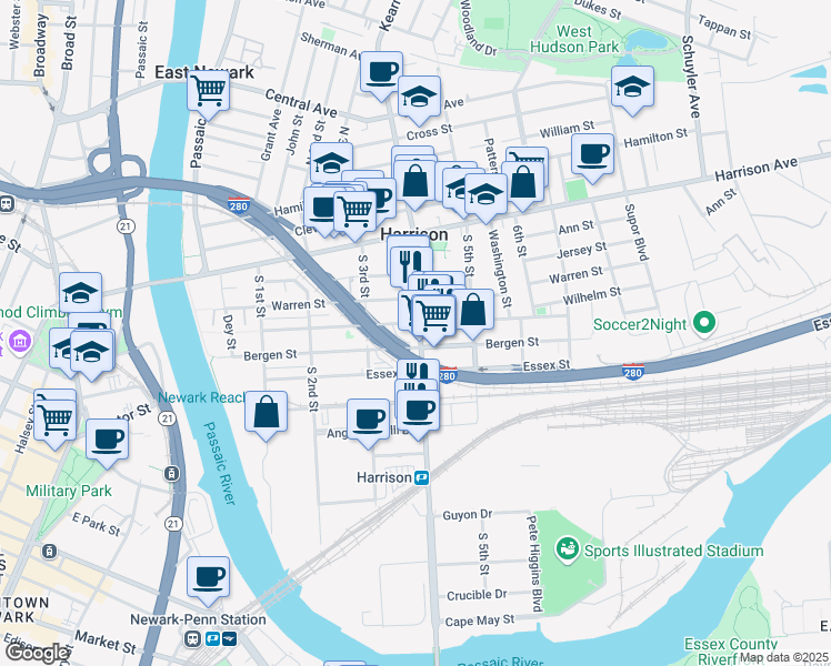 map of restaurants, bars, coffee shops, grocery stores, and more near 401 Bergen Street in Harrison