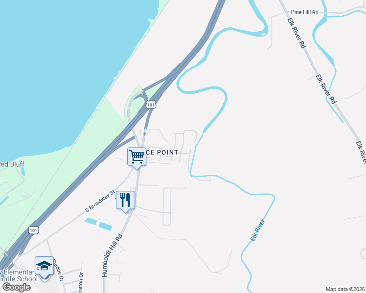 map of restaurants, bars, coffee shops, grocery stores, and more near 5567 Paradise Lane in Eureka