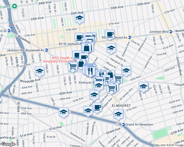 map of restaurants, bars, coffee shops, grocery stores, and more near 82-1 Britton Avenue in Queens