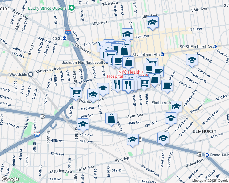 map of restaurants, bars, coffee shops, grocery stores, and more near 41-57 74th Street in Queens