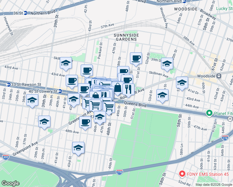 map of restaurants, bars, coffee shops, grocery stores, and more near in Queens