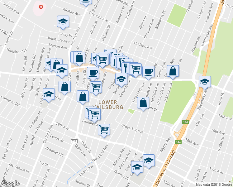 map of restaurants, bars, coffee shops, grocery stores, and more near 60 Sunset Avenue in Newark