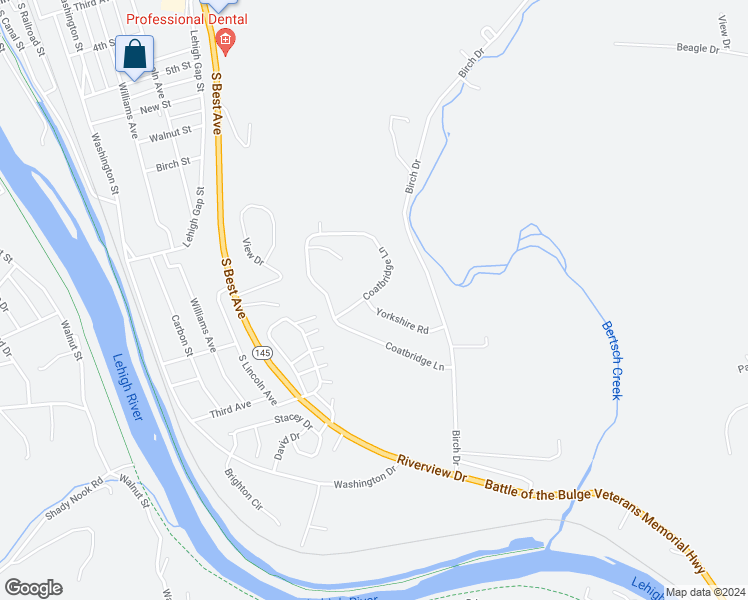 map of restaurants, bars, coffee shops, grocery stores, and more near 4953 Coatbridge Lane in Walnutport