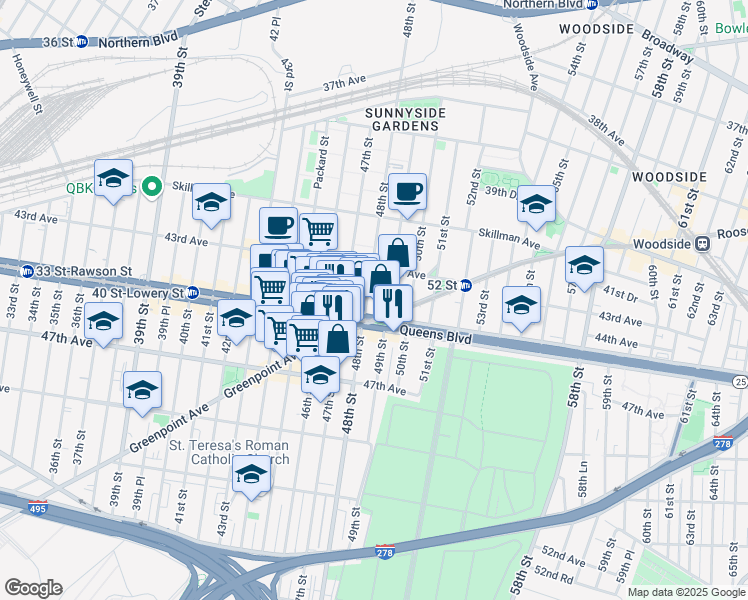 map of restaurants, bars, coffee shops, grocery stores, and more near 43-33 48th Street in Queens