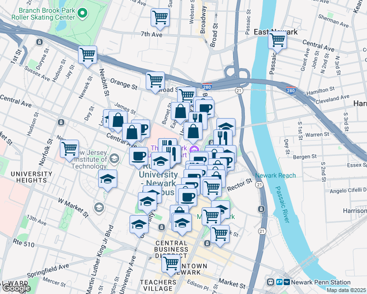 map of restaurants, bars, coffee shops, grocery stores, and more near 43 Washington Street in Newark