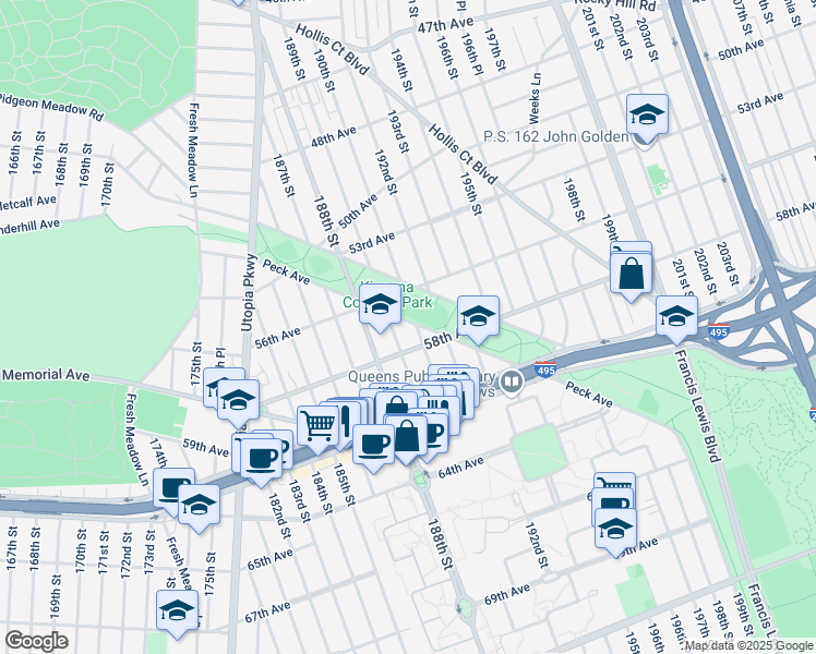 map of restaurants, bars, coffee shops, grocery stores, and more near 56-51 189th Street in Queens