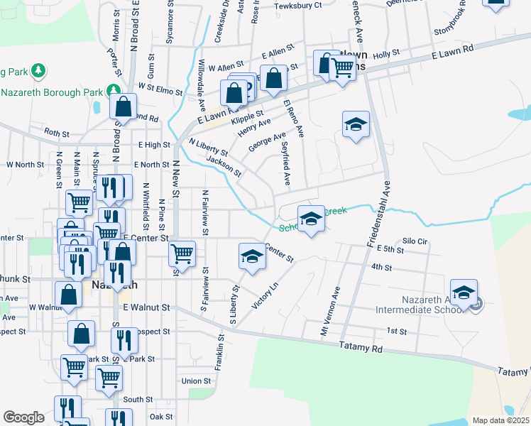 map of restaurants, bars, coffee shops, grocery stores, and more near 502 East Chestnut Street in Nazareth