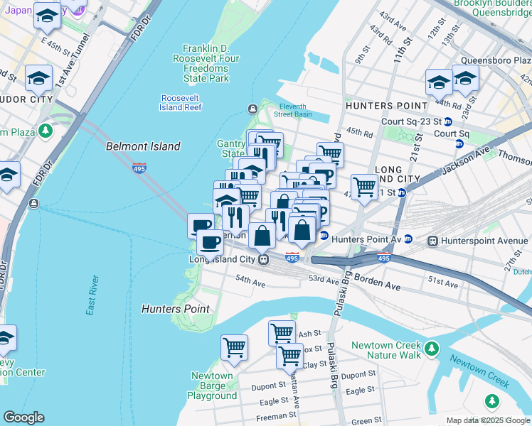 map of restaurants, bars, coffee shops, grocery stores, and more near 2-35 51st Avenue in Queens