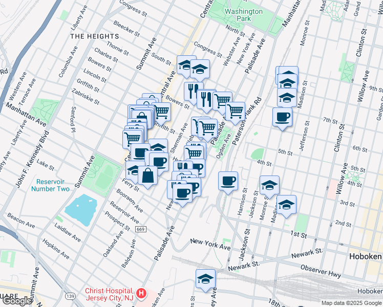 map of restaurants, bars, coffee shops, grocery stores, and more near 198 New York Avenue in Jersey City