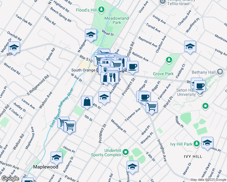 map of restaurants, bars, coffee shops, grocery stores, and more near 103 3rd Street in South Orange