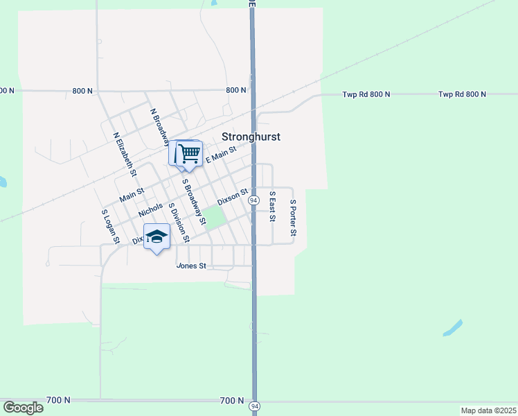 map of restaurants, bars, coffee shops, grocery stores, and more near 301-311 South East Street in Stronghurst