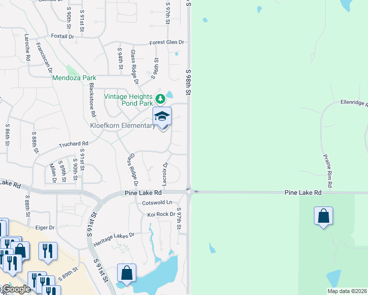 map of restaurants, bars, coffee shops, grocery stores, and more near 6700 Lacroix Drive in Lincoln
