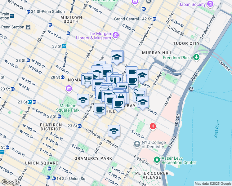 map of restaurants, bars, coffee shops, grocery stores, and more near 132 East 30th Street in New York
