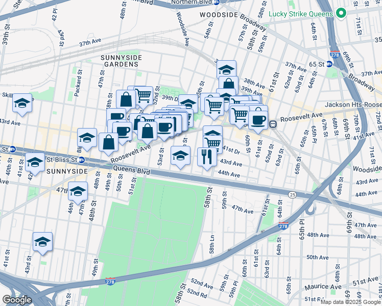 map of restaurants, bars, coffee shops, grocery stores, and more near 43-18 56th Street in Queens