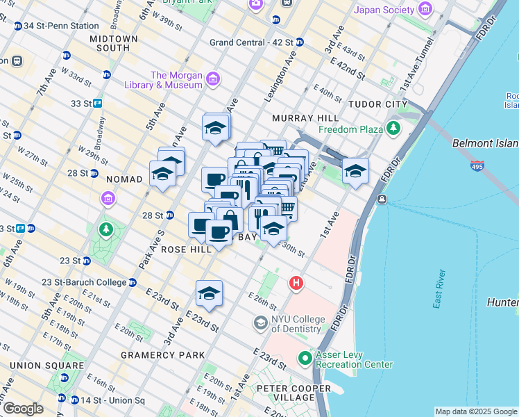 map of restaurants, bars, coffee shops, grocery stores, and more near 208 East 30th Street in New York
