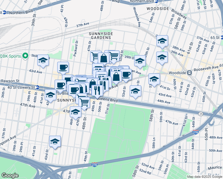 map of restaurants, bars, coffee shops, grocery stores, and more near 50-17 Queens Boulevard in Queens