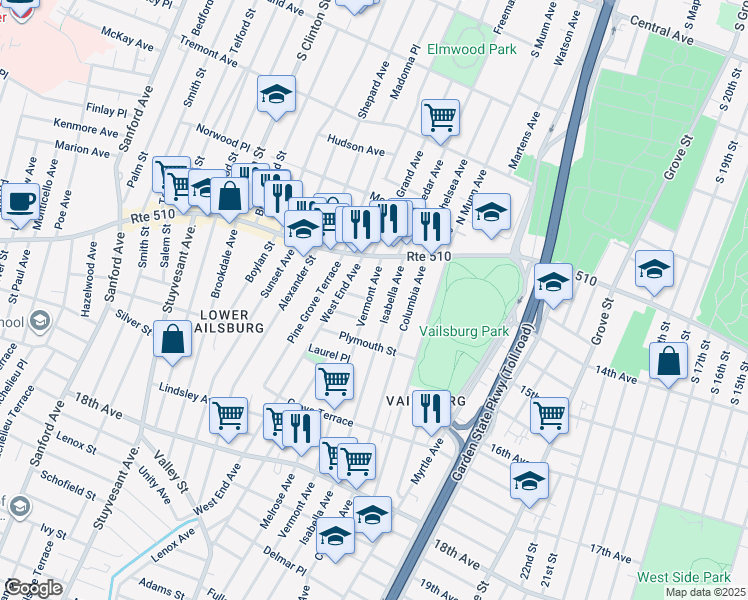 map of restaurants, bars, coffee shops, grocery stores, and more near 40 Vermont Avenue in Newark